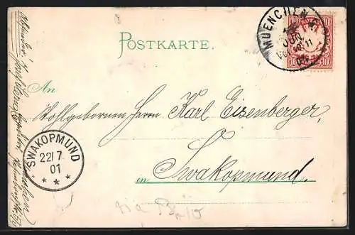 Lithographie München, Münchner Kindl sitzt vor der Stadt