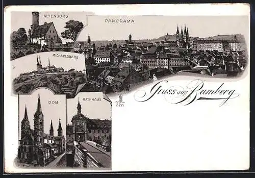 Lithographie Bamberg, Altenburg, Michaelsberg, Dom, Rathaus, Totalansicht