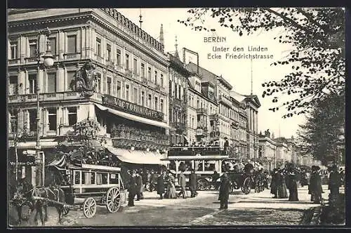 AK Berlin, Unter den Linden, Ecke Friedrichstrasse mit Kutschen und Bus