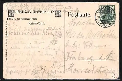 AK Berlin-Tiergarten, Weinhaus Rheingold, Kaiser-Saal, Potsdamer Platz