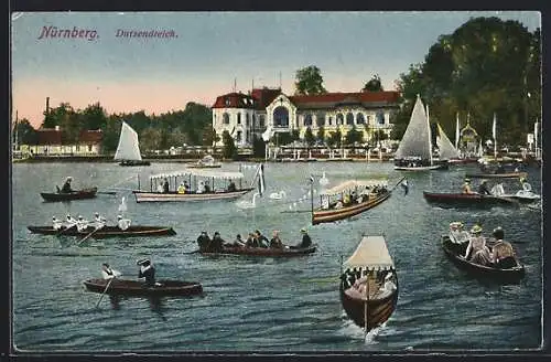 AK Nürnberg, Gasthaus Dutzendteich, Ruderboote auf dem See