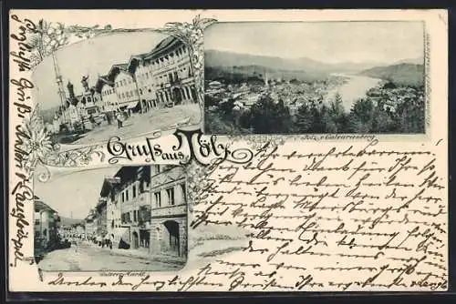 AK Bad Tölz, Oberer Markt, Unterer Markt, Blick vom Calvarienberg