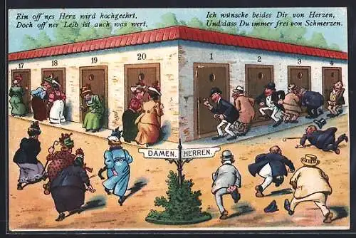 AK Bad Mergentheim, Damen und Herren laufen eilig zur Toilette