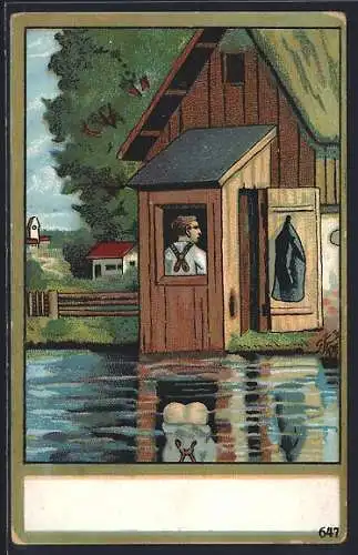 AK Mann im Toilettenhäuschen am See