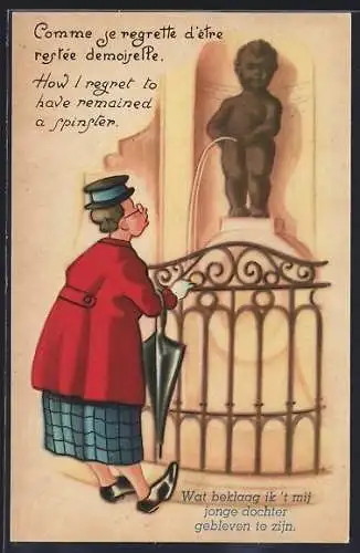 AK Brüssel, Ältere Dame vor dem Manneken-Pis