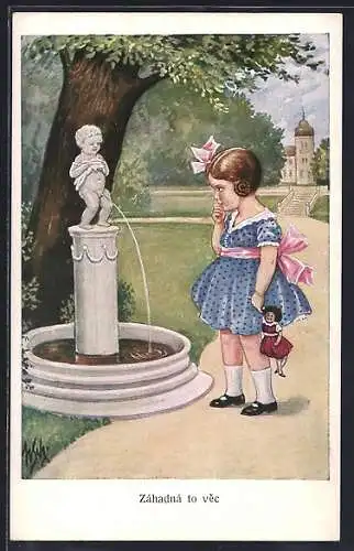 AK Mädchen vor einem Brunnen mit nacktem Knaben