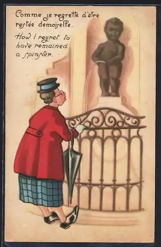 AK Brüssel, Ältere Dame vor dem Mannekin Pis