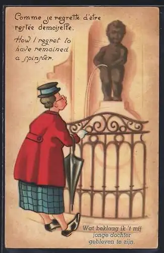 AK Brüssel, Ältere Dame mit Hut vor dem Mannekin Pis