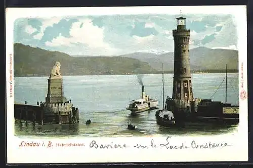 AK Lindau / Bodensee, Hafeneinfahrt, Dampfer, Leuchtturm