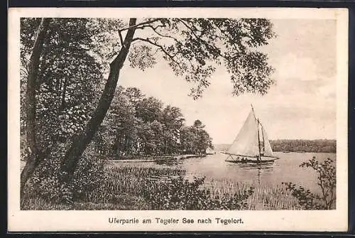 AK Berlin-Tegelort, Uferpartie mit Boot am Tegeler See