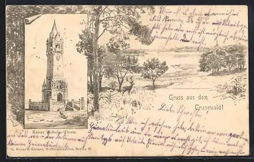 Künstler-AK Grunewald, Kaiser Wilhelm-Thurm, Seeansicht mit Hirsch