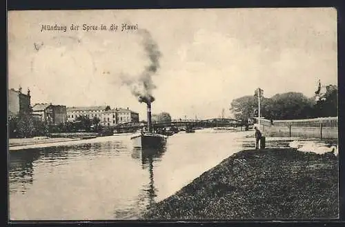 AK Berlin-Spandau, Mündung der Spree in die Havel, Dampfschiff
