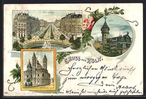 Lithographie Köln-Neustadt, Café-Restaurant Ulrepforte, Hohenstaufenring, St. Aposteln