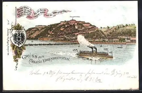 Lithographie Koblenz-Ehrenbreitstein, Ortsansicht mit der Festund