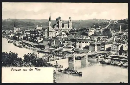 AK Passau, Blick von der Ries, Dampfer, Ortsansicht aus der Vogelschau