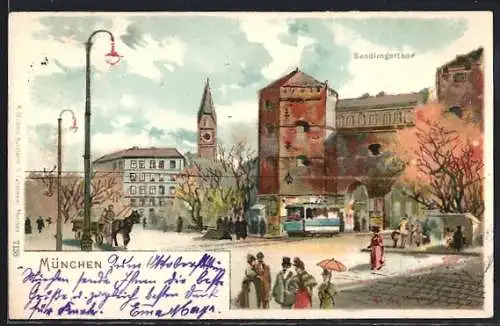 Künstler-AK Theodor Guggenberger: München, Das Sendlingerthor, Strassenbahn