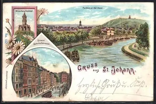 Lithographie St. Johann / Saar, Winterberg-Denkmal, Partie an der Saar, Untere Bahnhofstrasse, Strassenbahn