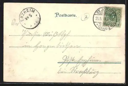 Lithographie St. Johann / Saar, Winterberg-Denkmal, Partie an der Saar, Untere Bahnhofstrasse, Strassenbahn