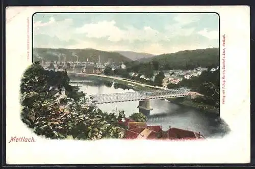 AK Mettlach, Ortsansicht mit Brücke aus der Vogelschau