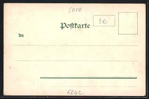 AK Mettlach, Ortsansicht mit Brücke aus der Vogelschau