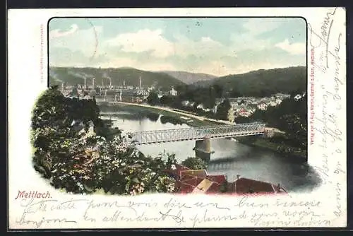 AK Mettlach, Ortsansicht mit Flusspartie und Brücke