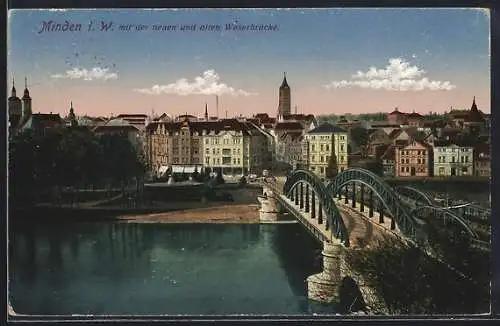 AK Minden i. W., Ortsansicht mit neuer und alter Weserbrücke
