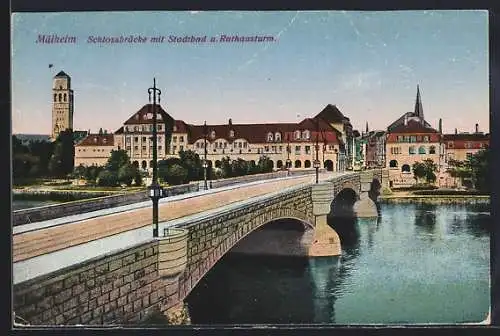 AK Mülheim / Ruhr, Schlossbrücke mit Stadtbad u. Rathausturm