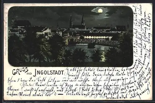 Lithographie Ingolstadt, Ortsansicht bei Vollmond