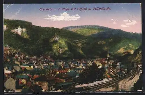AK Oberstein a. d. Nahe, Teilansicht mit Schloss und Felsenkirche