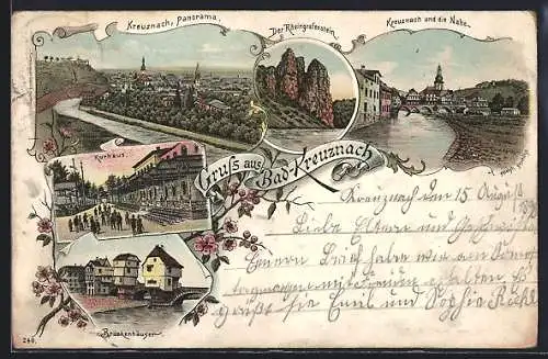 Lithographie Bad Kreuznach, Panoramablick, Rheingraben, Partie an der Nahe, Kurhaus, Brückenhäuser