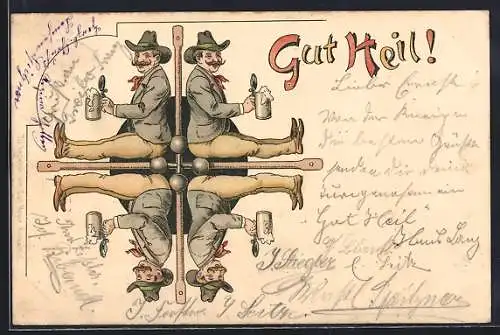 Lithographie Trinkende Männer bilden des Logo des Turnverbandes