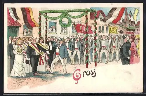 AK Turner Festzug durch den Ort mit Flaggenschmuck