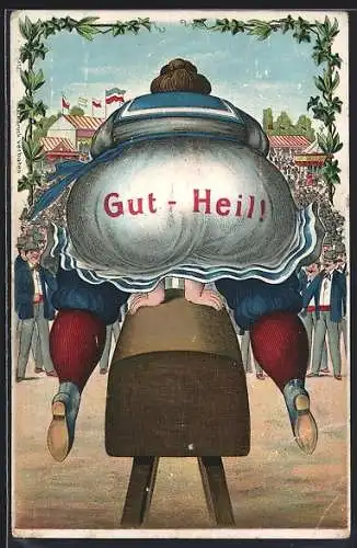 AK Hintern-Ansicht einer Frau, die über den Bock springt, Turnen