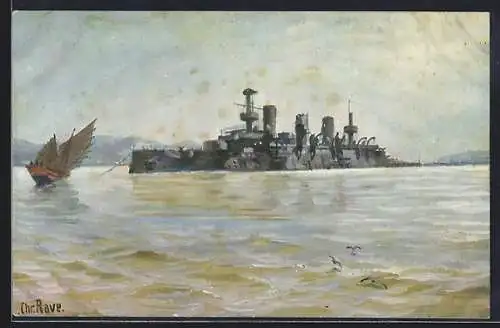 Künstler-AK Christopher Rave: Russisches Panzerschiff Pereswjet nach der Schlacht bei Port-Arthur