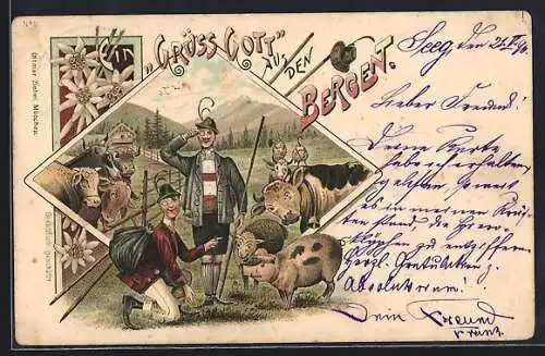 Lithographie Twei Wanderer in den Bergen auf der Nutztierweide