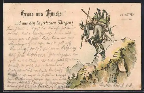 Vorläufer-AK Bergmann trägt zwei Wanderer den Berg hinab, 1895