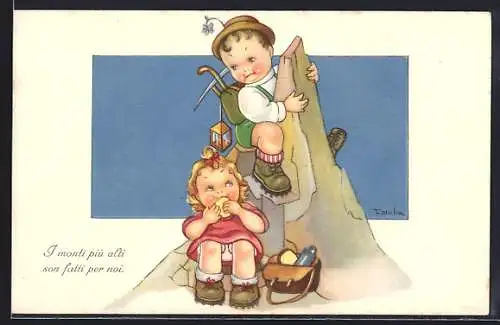 Künstler-AK Junge und Mädchen in Wanderkleidung auf der Bergspitze