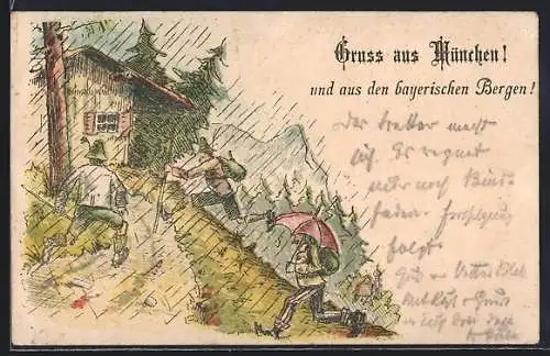 Vorläufer-AK Drei Wanderer flüchten vor dem Regen zur Berghütte, 1895