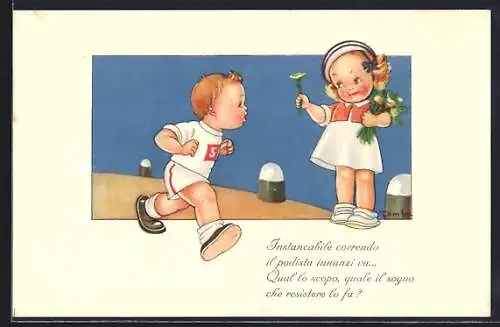 AK Mädchen am Wegesrand reicht dem Marathonläufer eine Blume, Leichtathletik