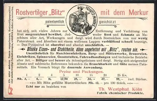 AK Köln, Chemische Fabrik Th. Westphal, Reklame für den Rostvertilger Blitz, Schutzmarke mit dem Merkur