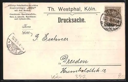 AK Köln, Chemische Fabrik Th. Westphal, Reklame für den Rostvertilger Blitz, Schutzmarke mit dem Merkur