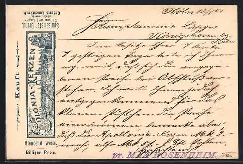 AK Köln, Reklame für Colonia-Kerzen, Stadtbild