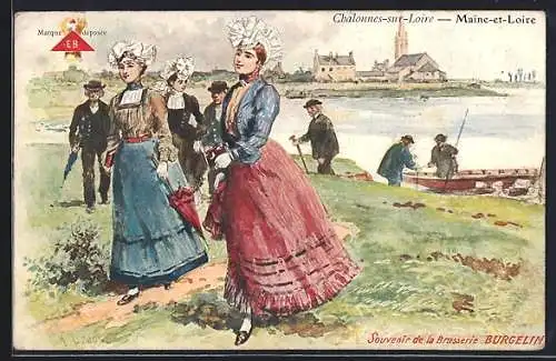 Künstler-AK Chalonnes-sur-Loire, Ausflügler verlassen den Stocherkahn, Reklame für die Brasserie Burgelin