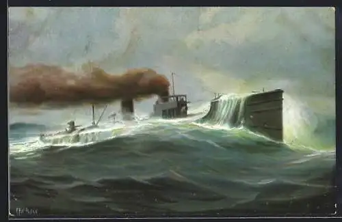 Künstler-AK Christopher Rave: Kriegsschiff SM G 137 im Sturm