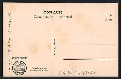 Künstler-AK Christopher Rave: Kriegsschiff SM kl. Kreuzer Hamburg, 1903