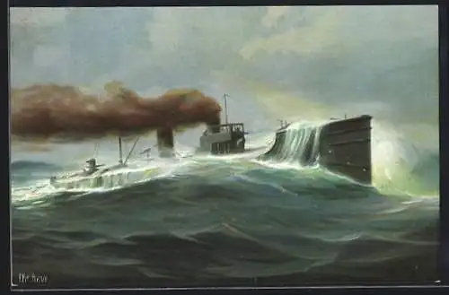 Künstler-AK Christopher Rave: Kriegsschiff SM G137 im Sturm