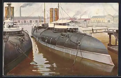 Künstler-AK Christopher Rave: Cherbourg, Französische Küstenpanzerboote im Hafen 1907