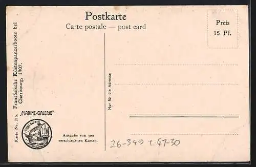 Künstler-AK Christopher Rave: Cherbourg, Französische Küstenpanzerboote im Hafen 1907