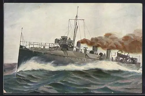 Künstler-AK Christopher Rave: Engl. Torpedobootszertörer Velox, 1902