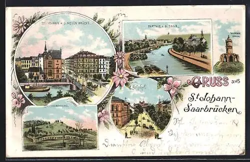 Lithographie St. Johann-Saarbrücken, Bahnhof, Spichernberg, Neue Brücke, Winterberg-Denkmal